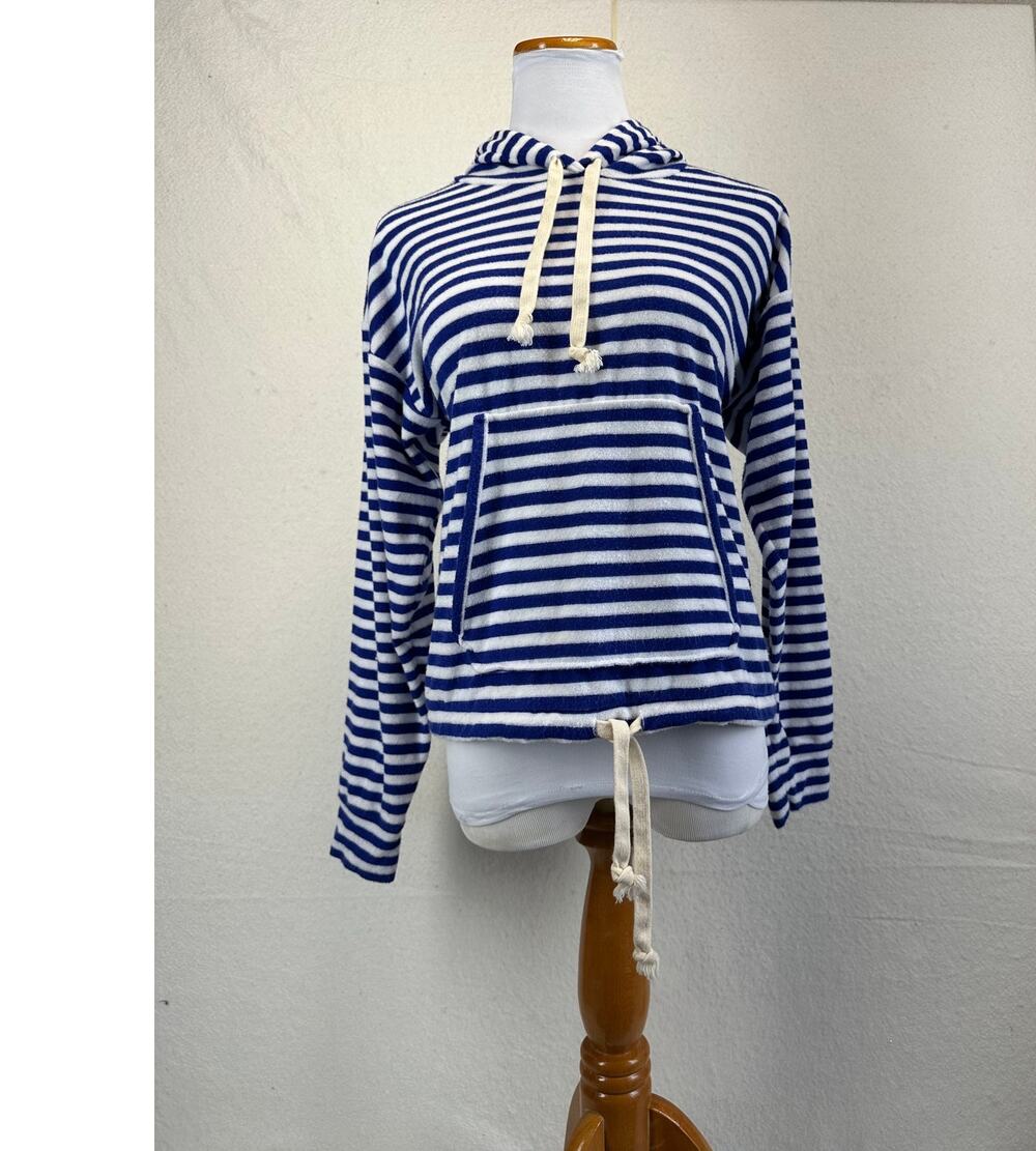 J Crew Striped Blue and White Striped Pullover Hoodie in Towel Terry SZ M
